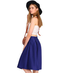 Romwe Pleated Zippered Dark Blue Midi Umbrella Skirt