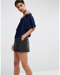 Navy Pleated Off Shoulder Top