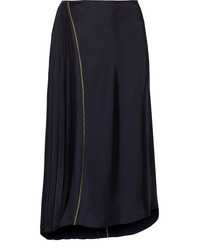 DKNY Asymmetric Pleated Satin Midi Skirt Midnight Blue
