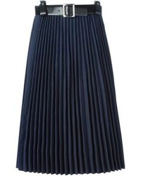 Navy Pleated Silk Midi Skirt