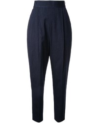 Navy Pleated Silk Tapered Pants