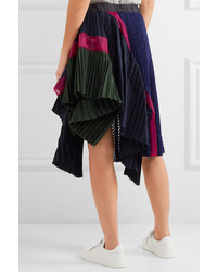 Sacai Asymmetric Organza Trimmed Pleated Jersey And Broderie Anglaise Skirt Navy