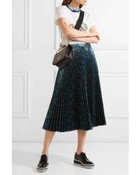 Prada Pleated Metallic Jacquard Midi Skirt Blue