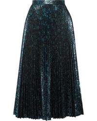 Prada Pleated Metallic Jacquard Midi Skirt Blue
