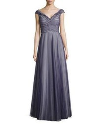 Kay Unger Pleated Tulle And Lace Gown