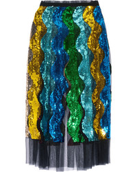Gucci Pleated Sequined Tulle Midi Skirt Blue