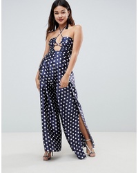 ASOS DESIGN Jumpsuit With Cut Out Detail And Halterneck In Satin Spot Print