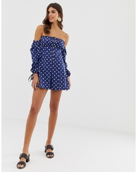 ASOS DESIGN Off Shoulder Playsuit With Button Front In Spot Print