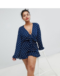 Glamorous Curve Playsuit With Frill Shorts And Bow Front In Polka Dot
