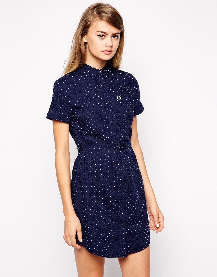 navy polka dot shirt dress