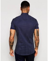 Asos Brand Skinny Shirt In Navy Polka Dot With Short Sleeves