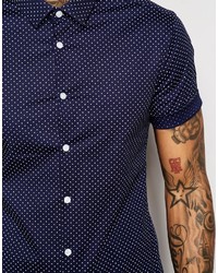 Asos Brand Skinny Shirt In Navy Polka Dot With Short Sleeves
