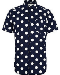 River Island Navy Blue Polka Dot Print Short Sleeve Shirt