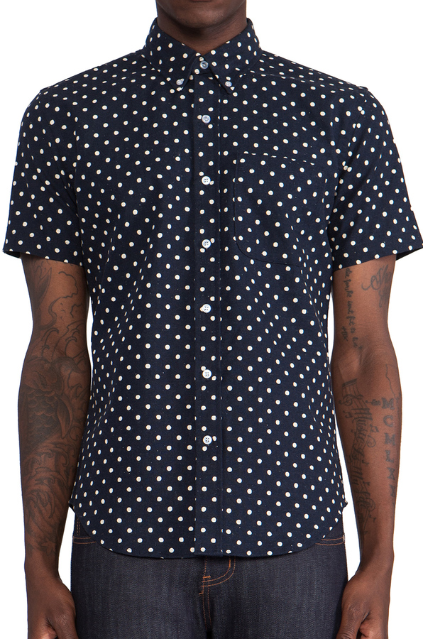 Comfortable Men's Button-Up Shirt in Navy Polka Dot - Woodies Clothing