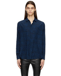 Saint Laurent Black Blue Silk Yves Collar Shirt