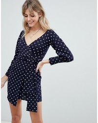 PrettyLittleThing Wrap Front Mini Dress In Navy Polka Dot