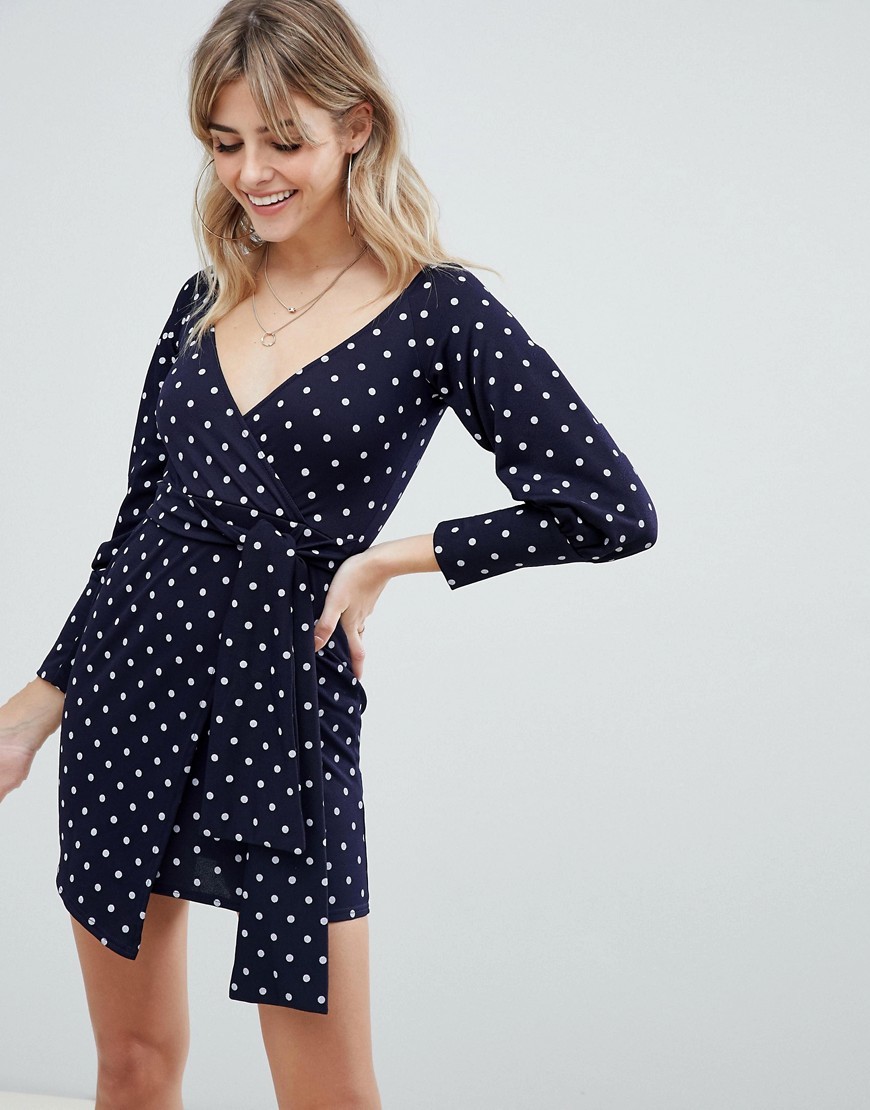 PrettyLittleThing Wrap Front Mini Dress In Navy Polka Dot, $13 | Asos |  Lookastic