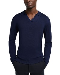 River Island Essential Long Sleeve Open V Neck Polo In Navy At Nordstrom