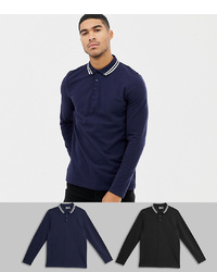 ASOS DESIGN Long Sleeve Pique Polo Shirt With Tipping 2 Pack Save