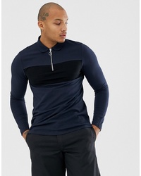 ASOS DESIGN Long Sleeve Pique Polo Shirt With Zip Neck And In Navy