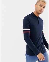ASOS DESIGN Long Sleeve Polo Shirt With Contrast Sleeve Stripe In Navy