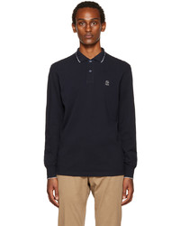 Brunello Cucinelli Navy Embroidered Long Sleeve Polo