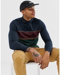 ASOS DESIGN Organic Long Sleeve Polo Shirt With Retro Colour Block In Navy