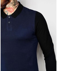 Asos Brand Long Sleeve Pique Muscle Polo With Contrast In Navy