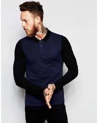Asos Brand Long Sleeve Pique Muscle Polo With Contrast In Navy
