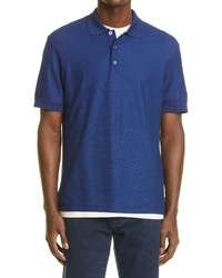 Zegna Honeycomb Short Sleeve Cotton Silk Polo In Blue At Nordstrom