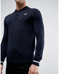 Fred Perry Laurel Wreath Reissues Knit Polo Long Sleeve Tipped Cuff In Navywhite