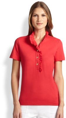 Tory Burch Women’s Lidia Ruffle Polo Shirt Short Sleeve Peach Sz M