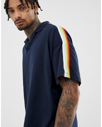 ASOS DESIGN Oversized Revere Polo Shirt With Taping In Navy