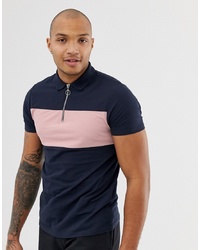 ASOS DESIGN Pique Polo Shirt With Zip Neck And Contrast Panel In Navy