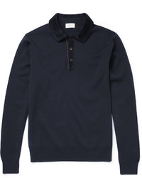 Brioni Slim Fit Suede Trimmed Wool Polo Shirt