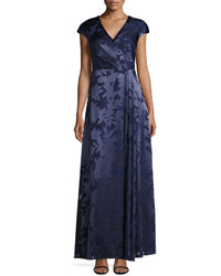 Kay Unger New York Leaf Printed Coupe Gown With Beaded Neckline Navy