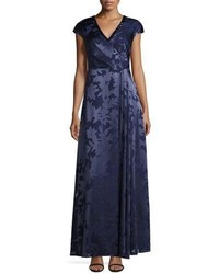 Kay Unger New York Leaf Printed Coupe Gown With Beaded Neckline Navy