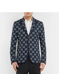 Gucci Navy Logo Jacquard Cotton Blazer