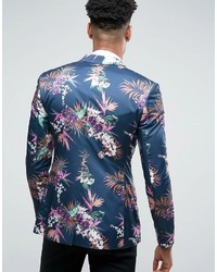 Asos Tall Super Skinny Suit Jacket In Navy Tropical Floral Print In Sateen