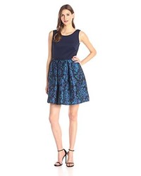 Navy Print Brocade Fit and Flare Dress