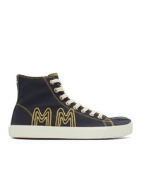 Maison Margiela Navy Canvas Embroidery Tabi High Top Sneakers