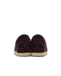 Gucci Navy And Red Wool Gg Loafers