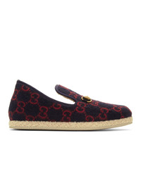 Gucci Navy And Red Wool Gg Loafers