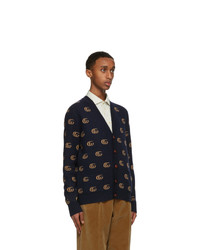 Gucci Navy Wool Jacquard Double G Cardigan