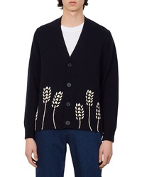 Sandro Wheat Embroidered Wool Blend Cardigan