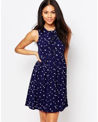 Brave Soul Skater Dress With Tie Up Front In Feather Print
