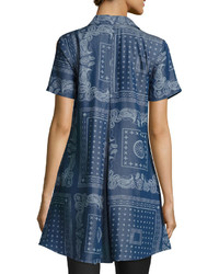 Neiman Marcus Chambray Bandana Print Tunic Blue Pattern