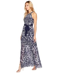 Vince Camuto Printed Chiffon Halter Maxi W Inset Pleating Dress