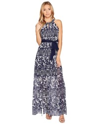 Vince Camuto Printed Chiffon Halter Maxi W Inset Pleating Dress