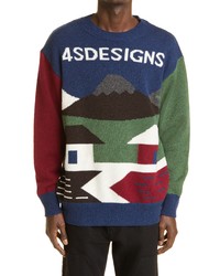 4SDESIGNS Intarsia Village Colorblock Wool Sweater